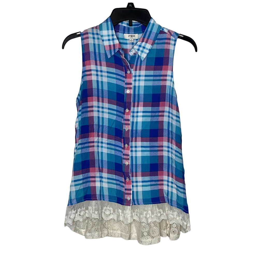 Umgee Sleeveless Plaid Front Button Shirt Dress Hi-Lo Lace Hem Women Small Multi